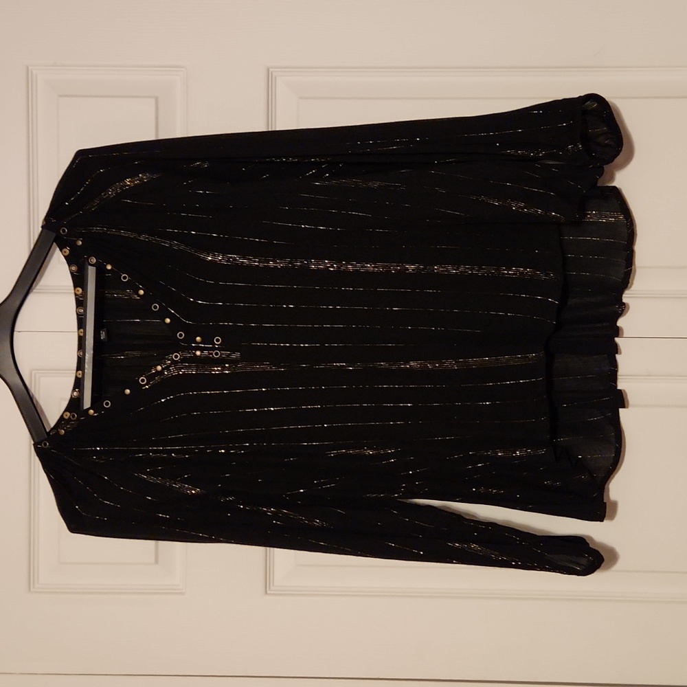 Rock & Republic Black Long Sleeve Blouse w/ Gold Thread & Metal Rivets - Large